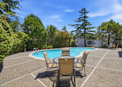 Thumbnail 66 of 92 - A pool with a table and chairs in the middle of a patio.