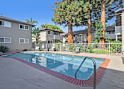 Thumbnail 10 of 37 - A swimming pool in a residential area with a red and white striped pool edge.