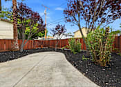 Thumbnail 34 of 63 - A backyard with a concrete path and a fence.