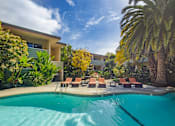 Thumbnail 27 of 27 - a swimming pool with chairs and a palm tree in front of a building