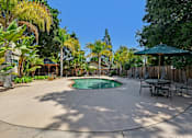 Thumbnail 1 of 37 - A backyard with a pool and a table set up for dining.