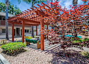 Thumbnail 10 of 25 - A red tree with orange leaves is in front of a building.