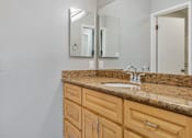 Thumbnail 32 of 32 - A bathroom with a sink, mirror, and cabinets.