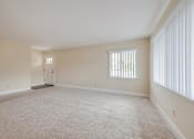 Thumbnail 18 of 29 - A large empty room with a carpeted floor and a window with blinds.