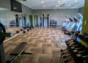 Thumbnail 3 of 6 - A gym with a variety of equipment including treadmills, weights, and a television.