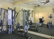 Thumbnail 21 of 22 - A gym with a mirror, weights, and cardio equipment.