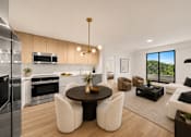 Thumbnail 1 of 21 - A modern kitchen with a dining table and chairs.