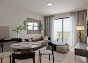 Thumbnail 11 of 18 - A modern living room with a dining table set for two.