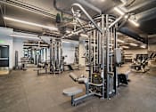 Thumbnail 15 of 51 - A gym with a variety of equipment including a squat rack, bench, and weights.