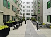 Thumbnail 14 of 51 - A long walkway between two buildings with benches on either side.