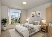Thumbnail 14 of 14 - A bedroom with a large bed, a potted plant, and a city view through the window.