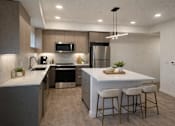 Thumbnail 12 of 30 - A modern kitchen with a bar area and stools.