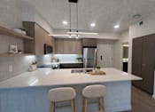 Thumbnail 11 of 30 - A modern kitchen with a large island and two stools.