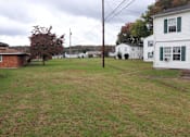 Thumbnail 7 of 12 - A backyard with a brown house, a white house, and a tree.