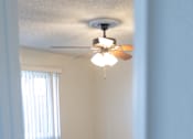 Thumbnail 21 of 38 - A room with a ceiling fan and carpeted floor.