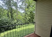 Thumbnail 11 of 18 - A deck with a black railing and a view of a green lawn and trees.