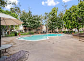 Thumbnail 48 of 57 - a swimming pool with trees and umbrellas at the enclave at woodbury apartments
