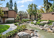 Thumbnail 36 of 57 - a pond in front of a building with trees and rocks