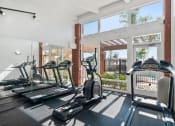 Thumbnail 24 of 35 - two treadmills and other exercise equipment in a gym with glass doors and windows
