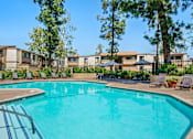 Thumbnail 31 of 37 - A swimming pool surrounded by trees and chairs.