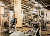 Thumbnail 19 of 24 - A Precor elliptical trainer is on a black mat in a gym.