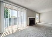 Thumbnail 6 of 20 - A room with a fireplace and a window with blinds.