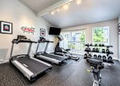 Thumbnail 13 of 18 - A home gym with treadmills, exercise bikes, and weights.