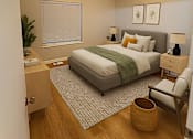 Thumbnail 6 of 18 - A bedroom with a bed, nightstand, chair, and a plant.