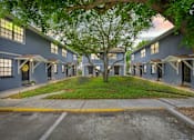 Thumbnail 6 of 16 - A tree in front of a building with blue walls.
