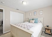 Thumbnail 7 of 19 - A bedroom with a bed, pillows, and pictures on the wall.