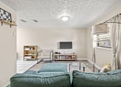 Thumbnail 6 of 19 - A living room with a green couch and a television.