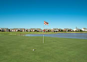 Thumbnail 21 of 21 - A golf course with a hole in the foreground and a flag on a pole.