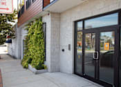 Thumbnail 1 of 12 - A building with a black door and windows with a plant on the side.