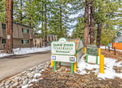 Thumbnail 6 of 18 - A sign for Tahoe Pines apartments stands in front of a building.