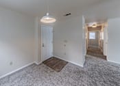 Thumbnail 11 of 18 - A room with a white door and a light hanging from the ceiling.