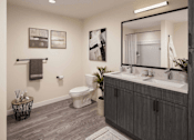 Thumbnail 4 of 6 - A bathroom with a toilet, sink, and mirror.