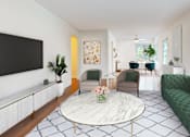 Thumbnail 3 of 14 - A living room with a green sofa and a white coffee table.