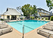 Thumbnail 12 of 19 - A pool with sun loungers and a building in the background.