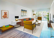 Thumbnail 2 of 18 - A living room with a yellow couch and a painting of a dog on the wall at Casa Granada, Los Angeles, 90049
