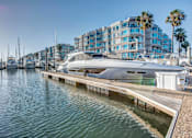 Thumbnail 1 of 8 - A yacht is docked at a marina with a building and palm trees in the background.