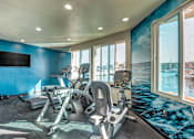 Thumbnail 4 of 8 - A gym with exercise equipment and a television on the wall.