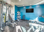 Thumbnail 5 of 8 - A blue gym with a television on the wall.