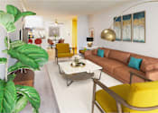 Thumbnail 2 of 23 - a living room with a brown couch and yellow chairs at Casa Granada, Los Angeles, CA