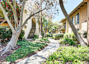 Thumbnail 14 of 14 - a sidewalk in front of a building with trees at Mediterranean Village Costa Mesa, California, 92626