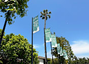 Thumbnail 16 of 16 - A row of green banners with white text hang from a black pole at Village Pointe Apartments, Northridge, California