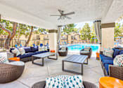 Thumbnail 3 of 16 - A patio with a pool and furniture.