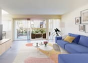 Thumbnail 2 of 18 - A living room with a blue couch and a television at West Park Village, Los Angeles, CA