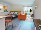 Thumbnail 9 of 13 - A bedroom with a bed, a couch, a chair, and a table at Rancho Los Feliz, Los Angeles, California