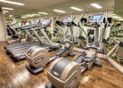 Thumbnail 12 of 14 - A gym with treadmills and elliptical machines.