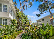Thumbnail 11 of 14 - A white house with green shutters is surrounded by lush greenery and trees.